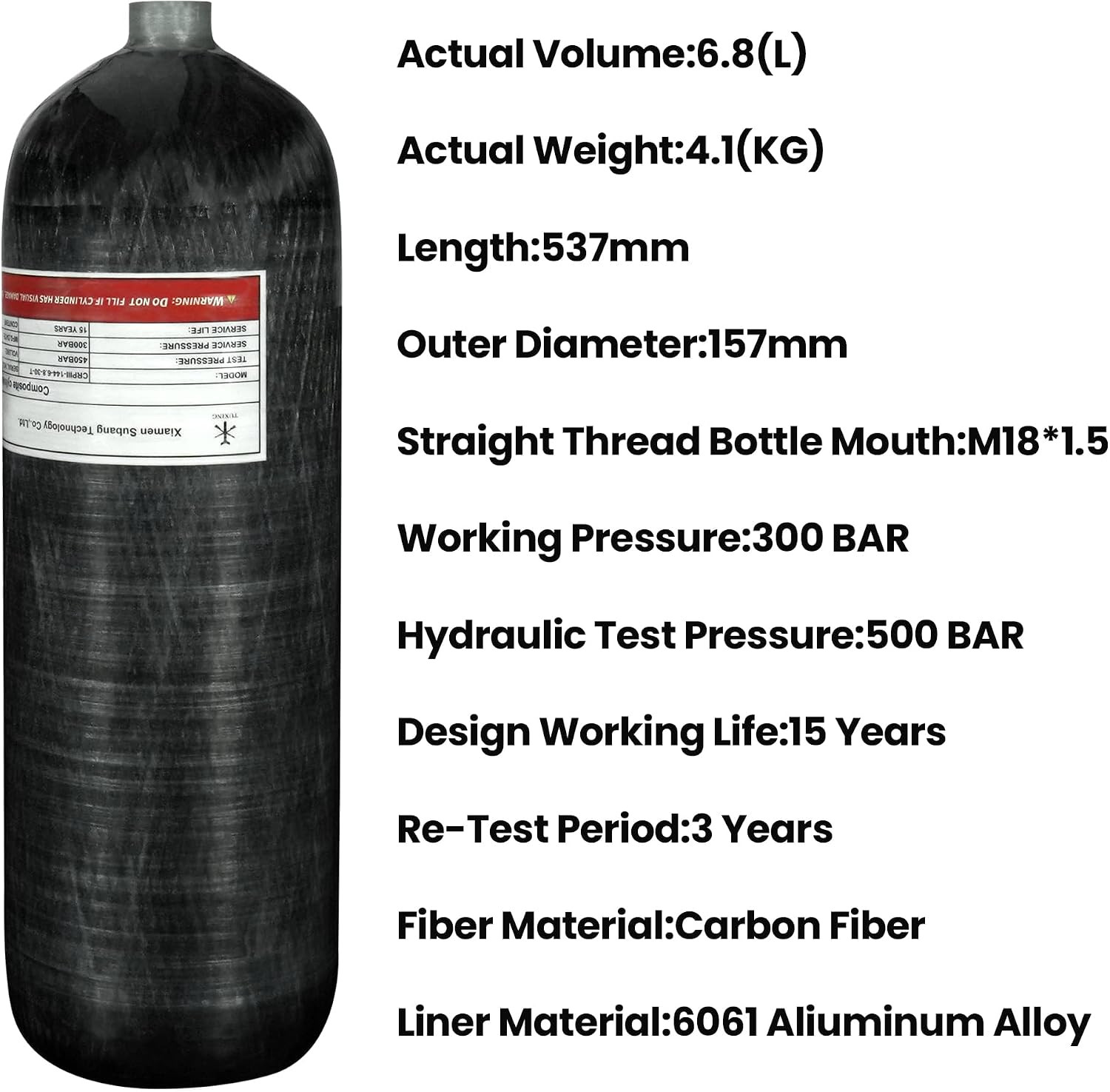 4500Psi Carbon Fiber Scuba Tank(Not DOT)6.8L 414Cu in 6800CC High Pressure Compo