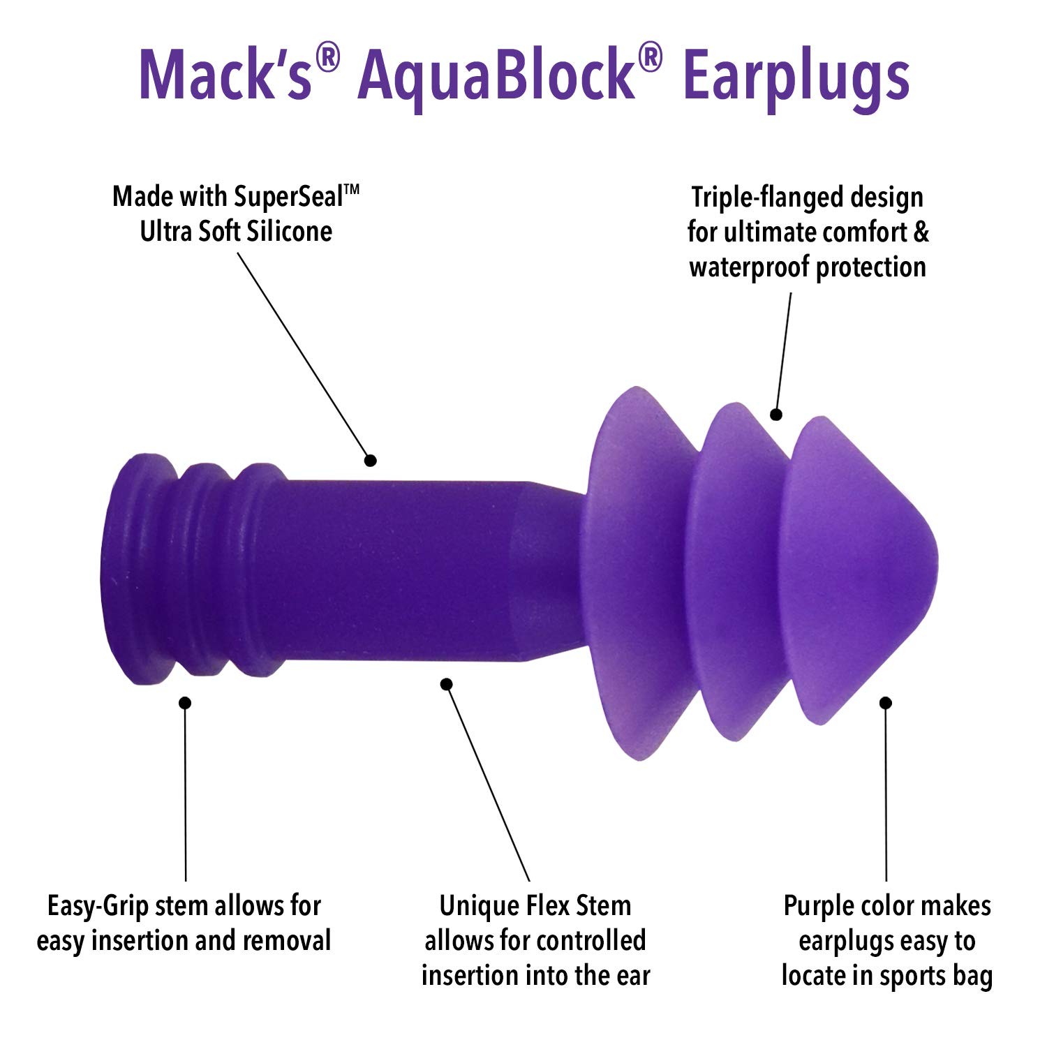 Mack’s AquaBlock Swimming Earplugs, 3 Pair – 6 count (Pack of 1), Purple