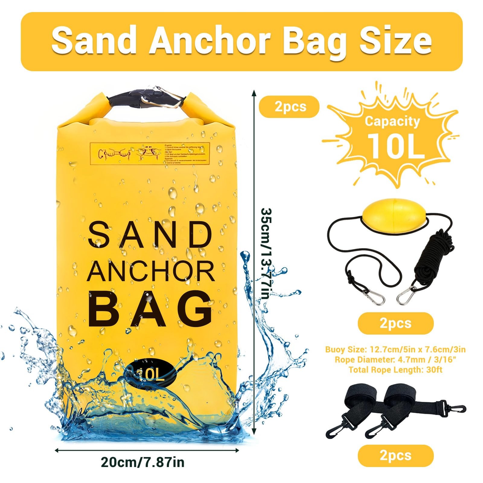 2Pack Waterproof Sand Anchor Bags with Rope Buoy for Kayak Jet Ski Boats