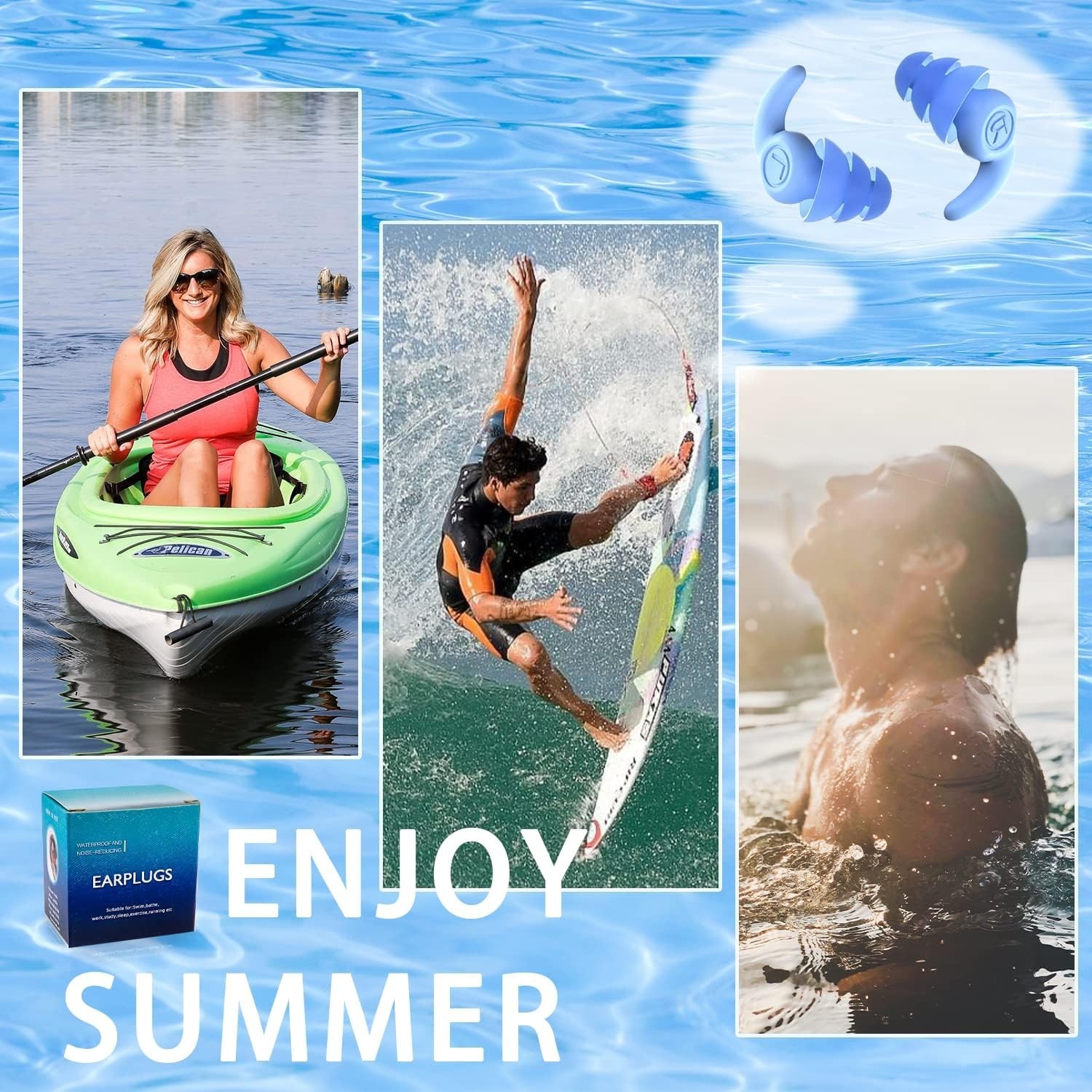 Waterproof Swimming Ear Plugs for Adults, 3 Pairs Reusable Silicone Swimmer E…