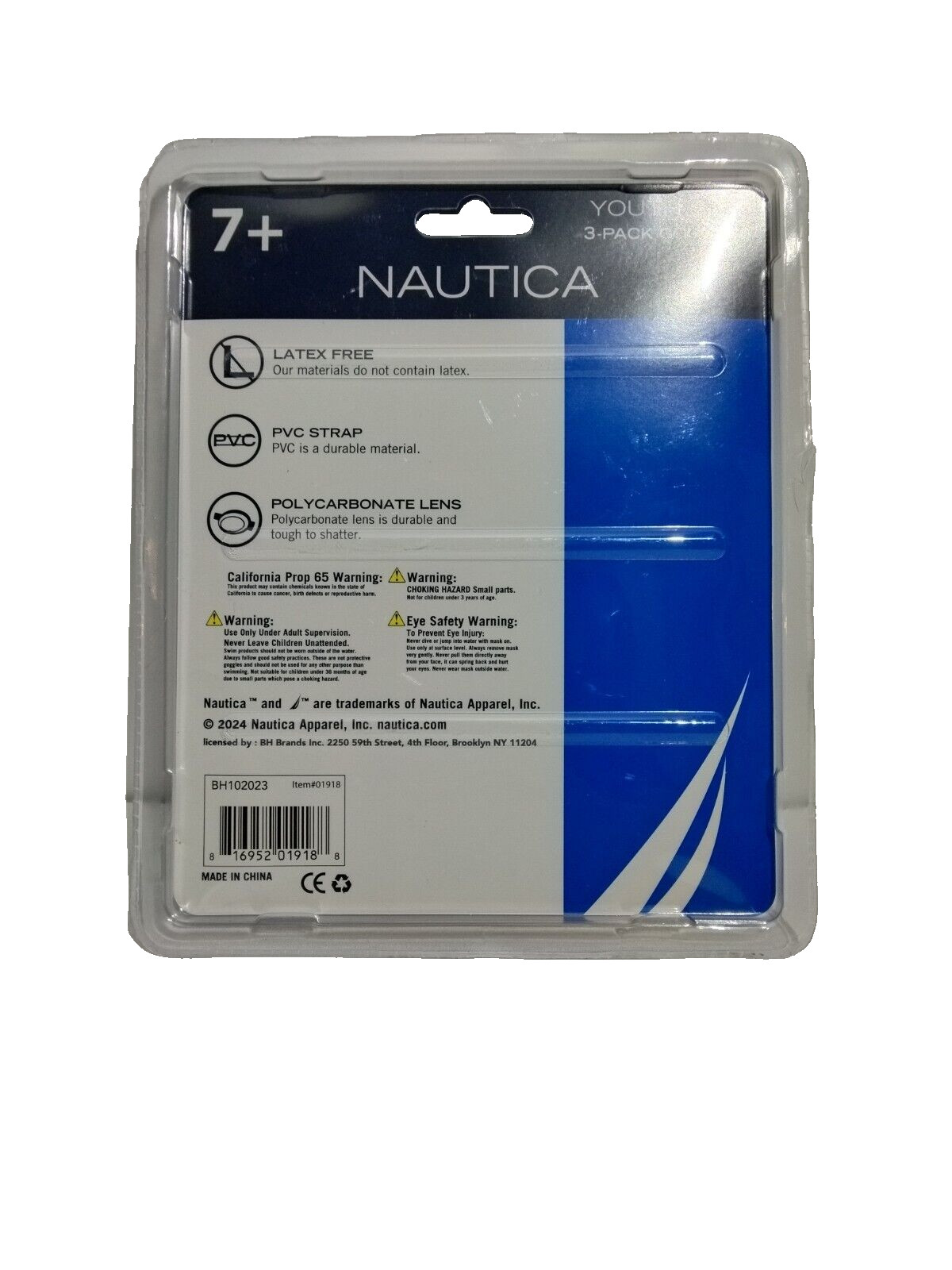 Nautica Goggles Youth Size 3 Pack -7+ /Latex Free/ PVC Strap/Polycarbonate Lens