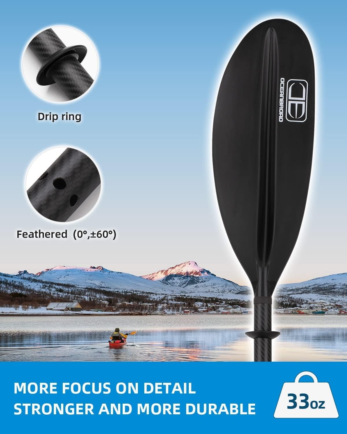 Carbon Fiber Kayak Paddle; 218/230cm; Adult Canoe Oar w/ Paddle Leash