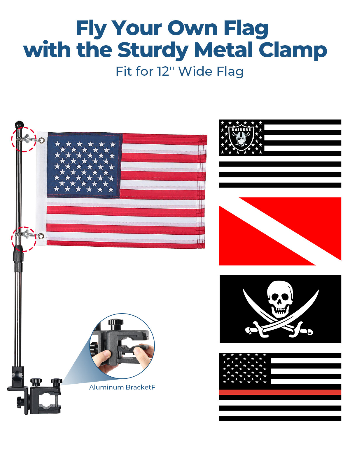 KEMIMOTO Boat American Flag Pole Kit 360° Adjustable 12”x18” Pontoon Boat Flag