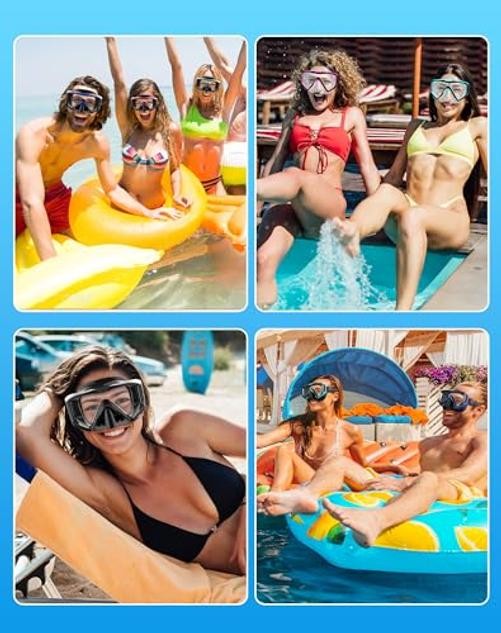 Snorkel Set Pano 3 Window Snorkel Mask Adult, Panoramic Wide Black Silver