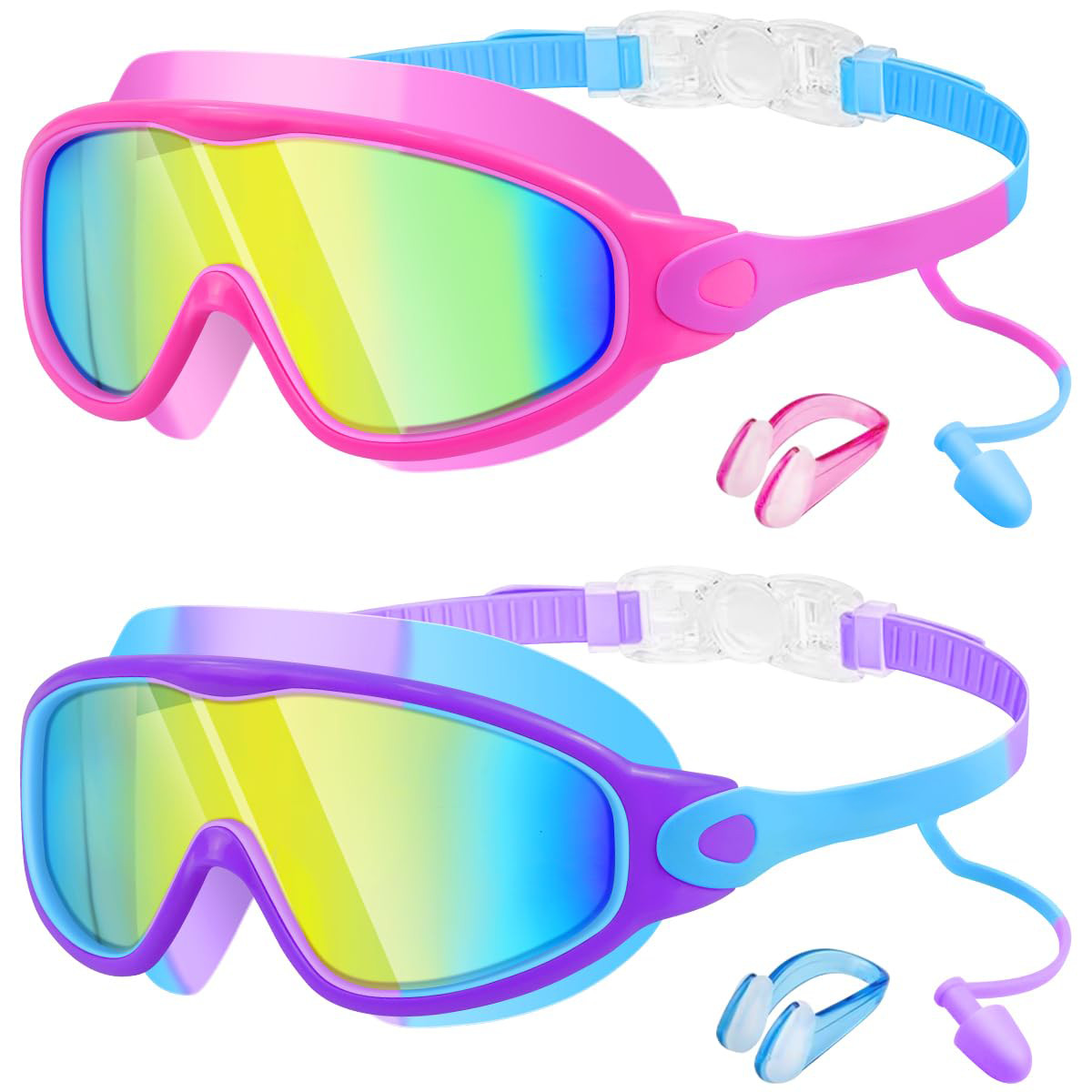 Kids Swimming Goggles 2 Pack with Earplugs&Nose Clip Wide View Anti-Fog/UV