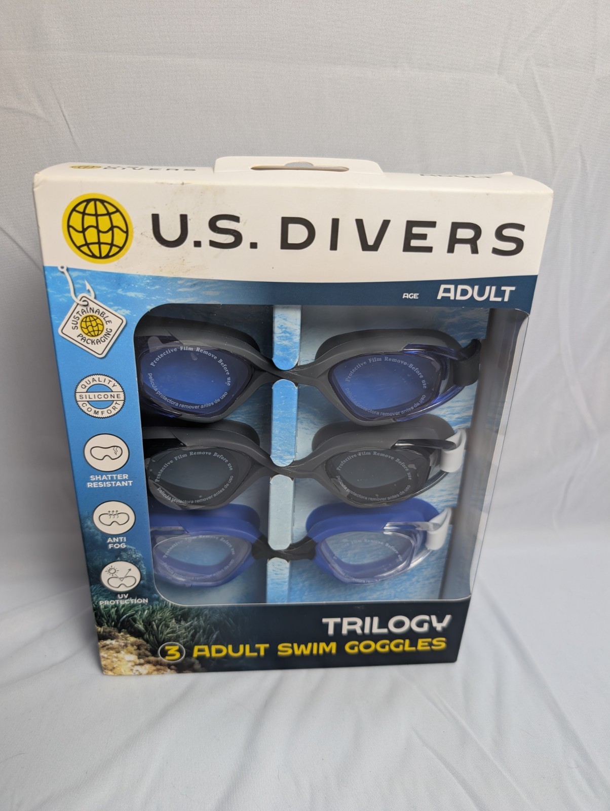 US Divers Trilogy Adult UV Swim Goggles 3 Pack in Blue, Black, and Gray NIB