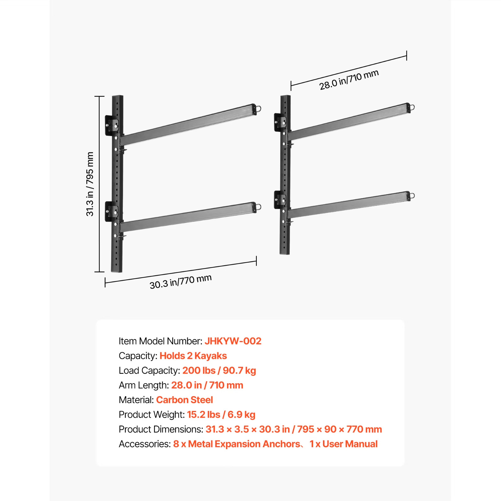 Wall Mount Kayak Storage Rack Heavy Duty Adjustable Holds 2 Kayaks 200 lb Capaci