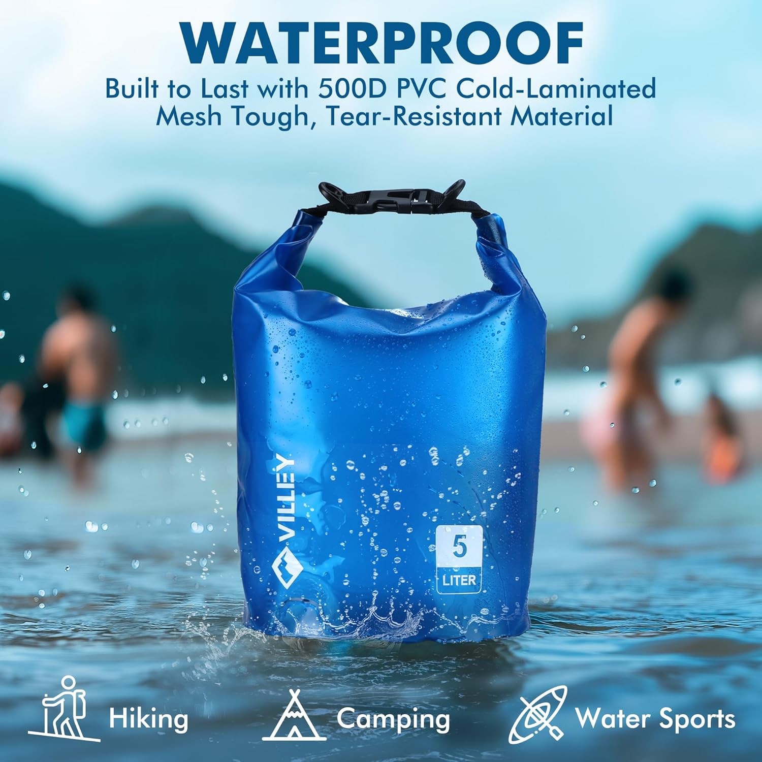 VILLEY 5L Waterproof Dry Bag Roll Top Sack for Kayaking Boating Camping Swimming