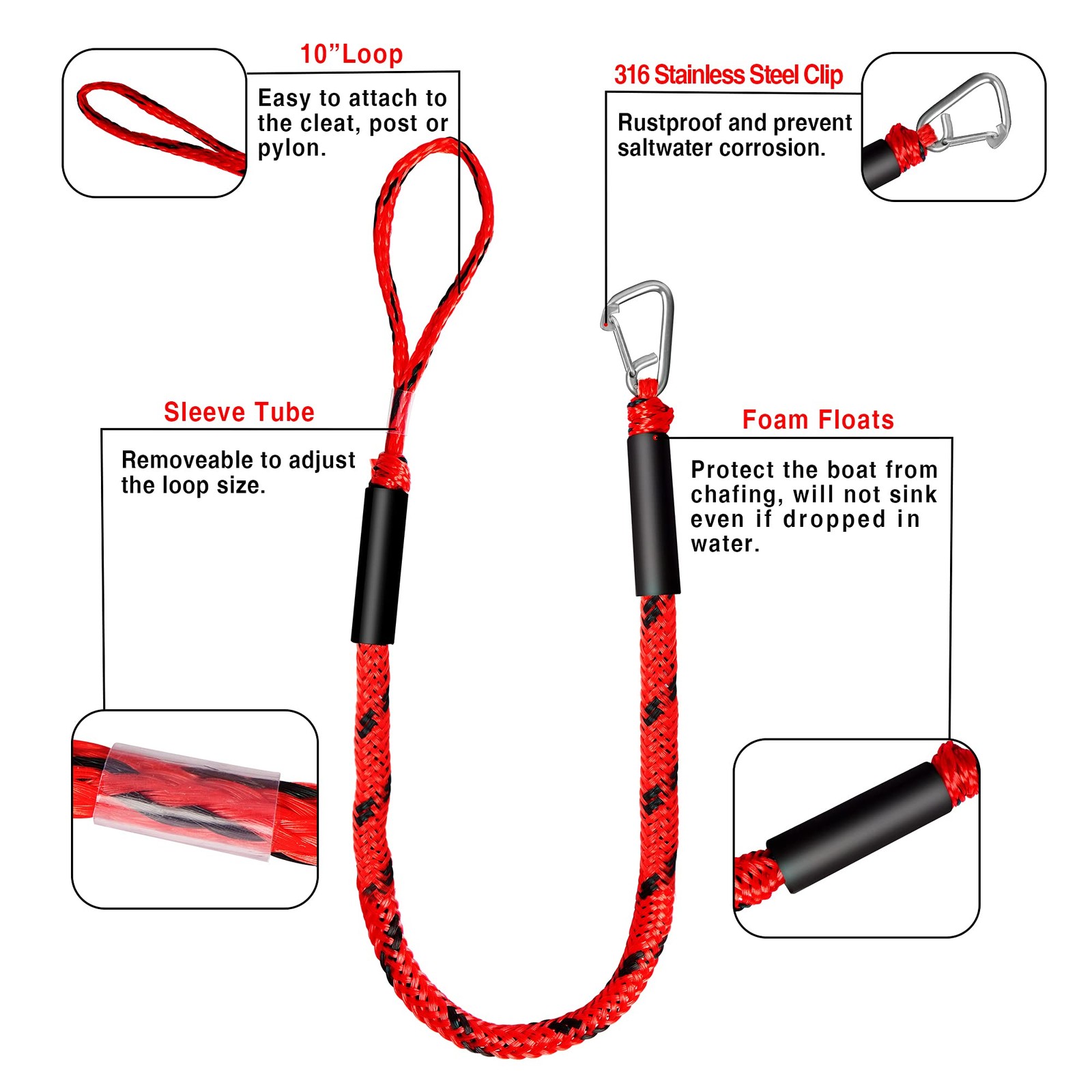 Bungee Dock Line Boat Accessories – Pontoon, Jet Ski, Kayak 4ft & 6ft, Red