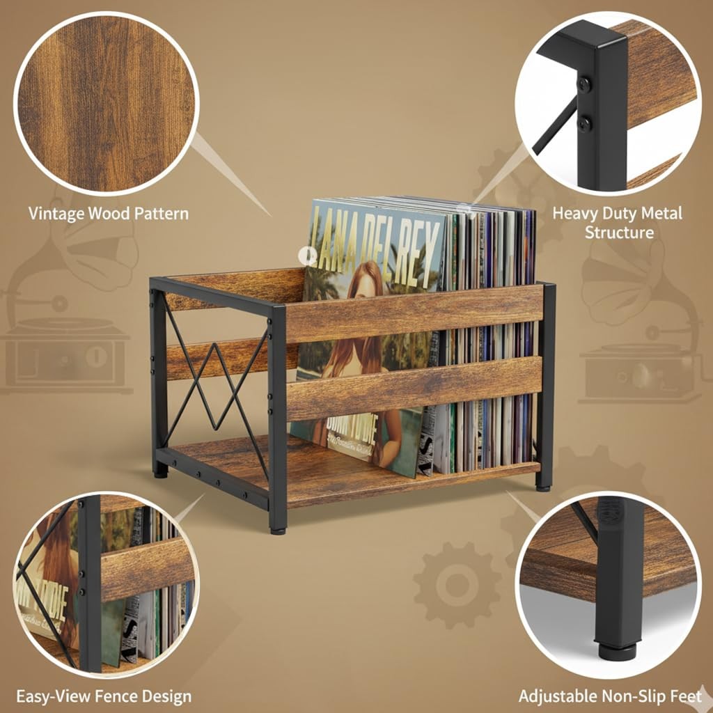 Y&M Vinyl Record Storage Crate, Wooden Cube Brown Black (1 Pack), Retro