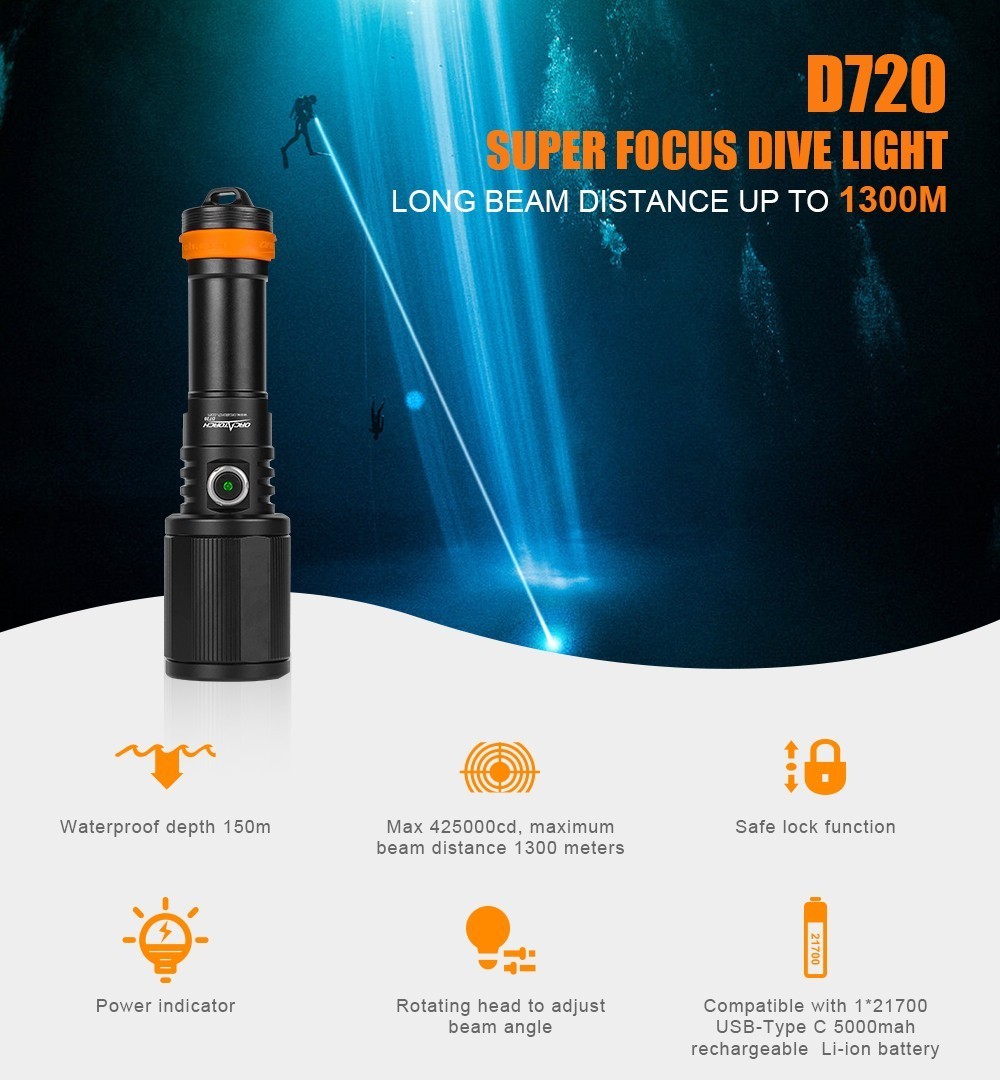 OrcaTorch D720 Super Focus Beam Angle Dive Light