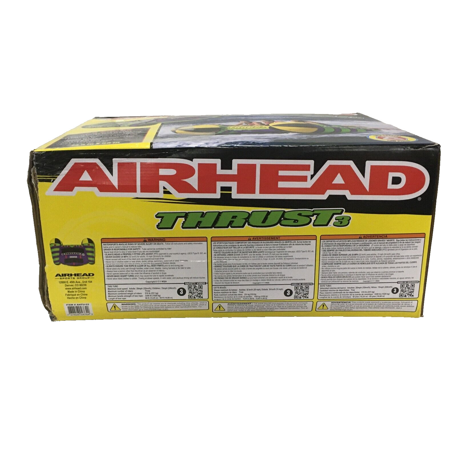 Airhead Thrust 3 Deck Tube, 3 Rider Towable Raft Water Float AHTU-03