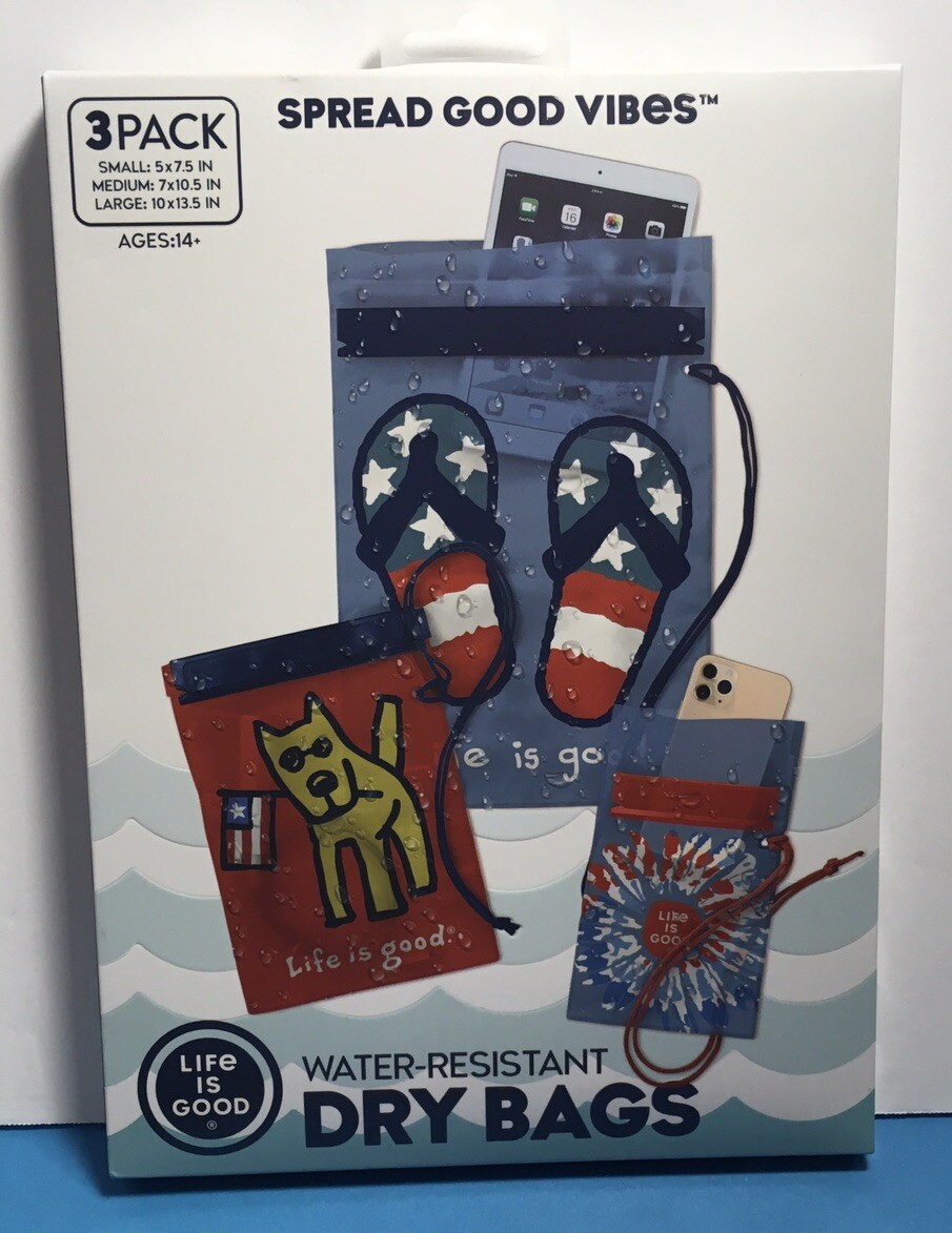 LIFE IS GOOD PATRIOTIC 3PK REUSABLE WATER-RESISTANT DRY BAGS Various Sizes NIB