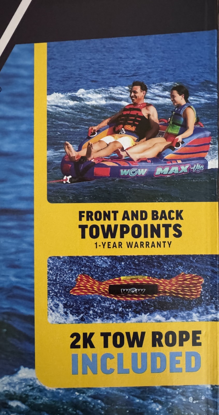 WOW Sports Max Vibes Towable 1-2 Person with Rope Tube Float for Boating