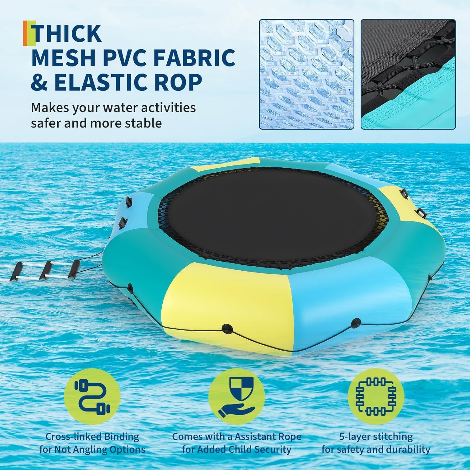 10FT Inflatable Water Trampoline 408LBS Floating Bounce with Pump and Ladder Kit
