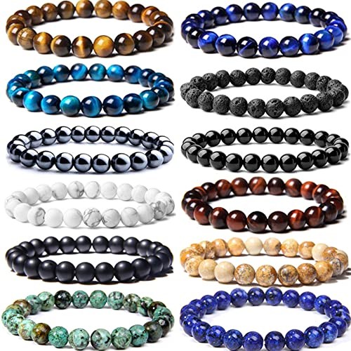 12PCS 8mm Semi-Precious Gemstones Beaded Bracelets for Men Women A: 12 PCS