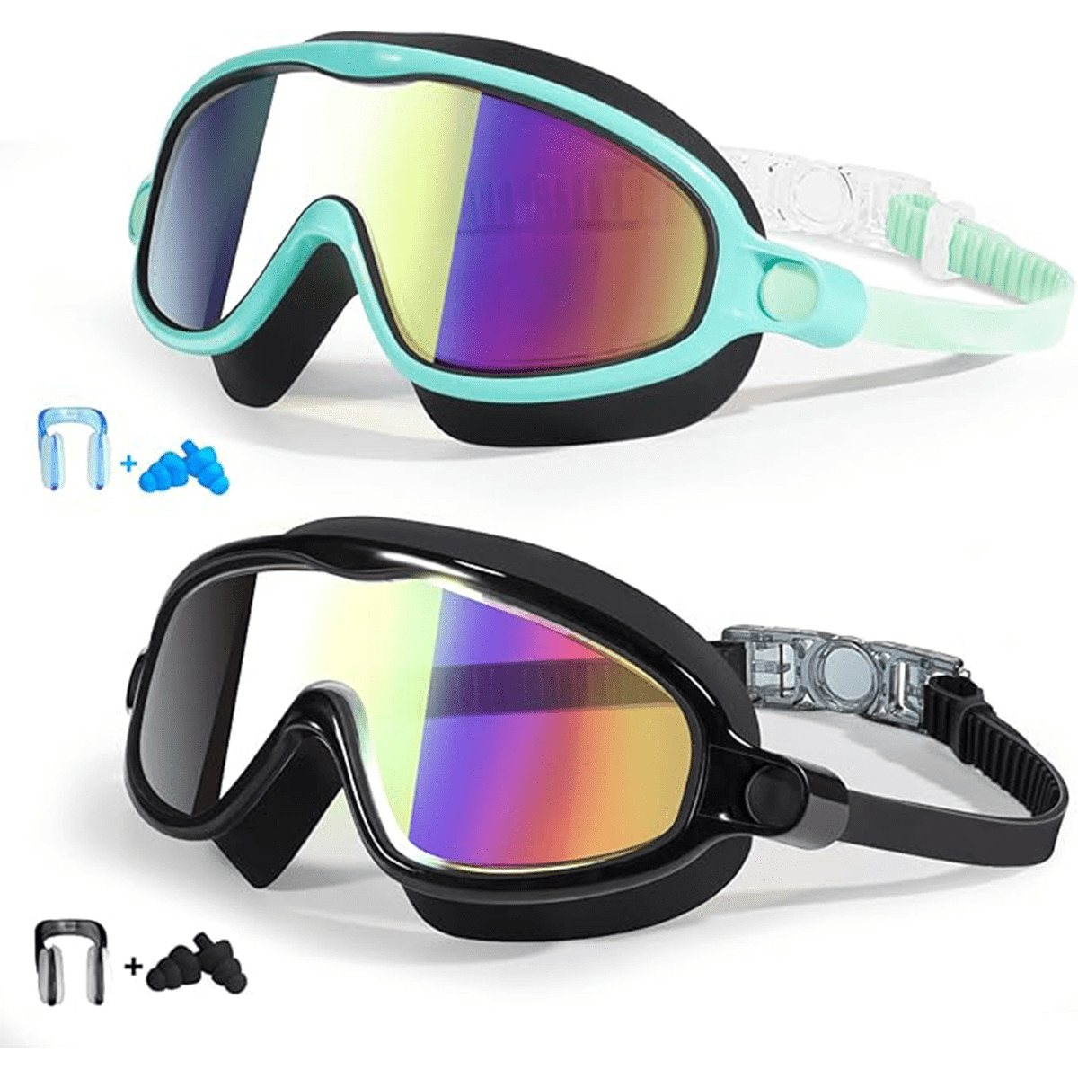Kids Swimming Goggles 2 Pack with Earplugs&Nose Clip Wide View Anti-Fog/UV