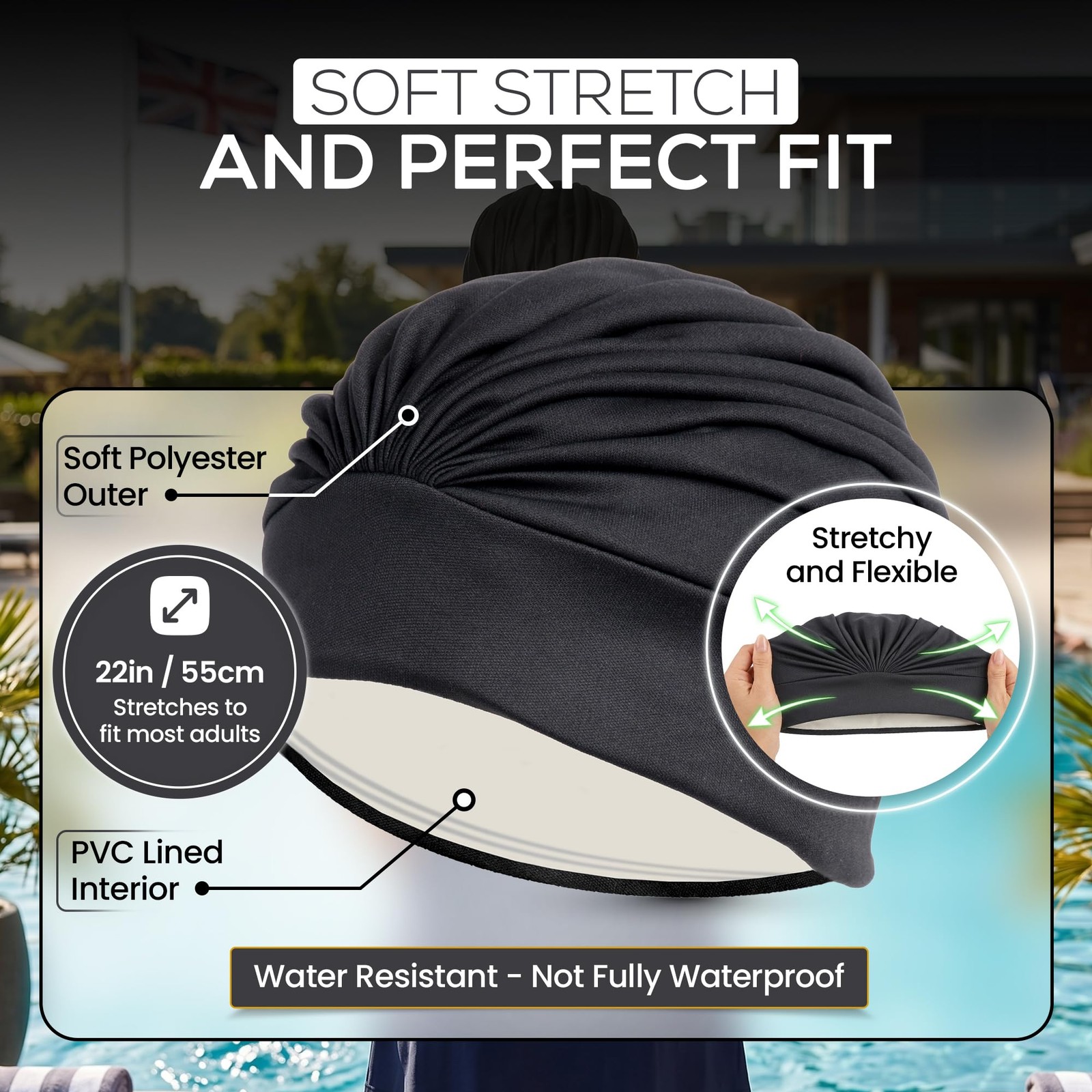 Beemo Swim Caps For Women Swimming Turban Polyester Latex Lined Pleated For