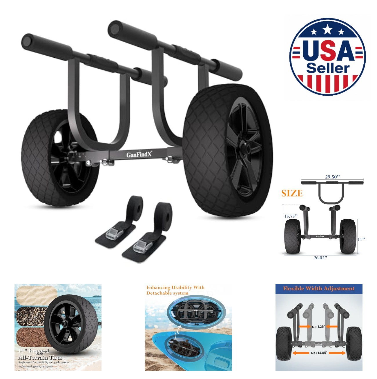 Heavy Duty Kayak Cart 300 lbs Aluminum Dolly 11 Inch Foam Wheels Padded Support