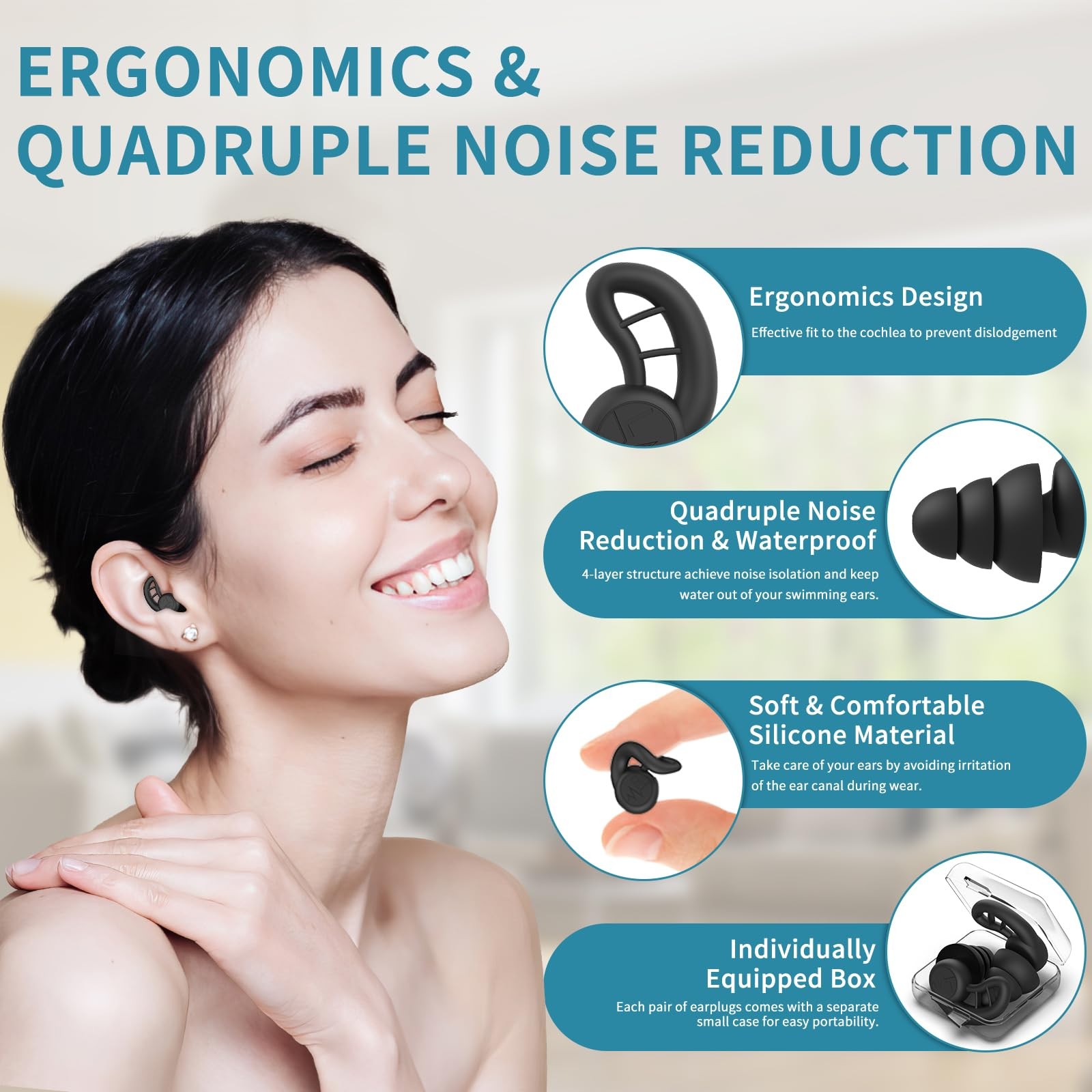 Swimming Ear Plugs for Adults, 4 1 pair (Pack of 4), Black Gray Blue Green