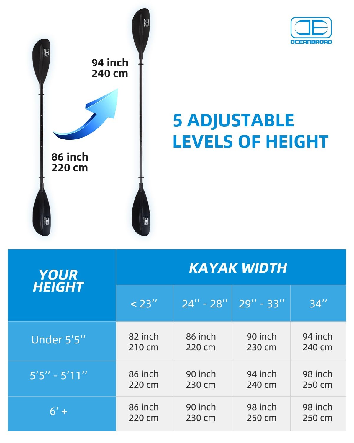 Adjustable Kayak Paddle 86in/220cm to 94in/240cm with Paddle Leash 1 Paddle