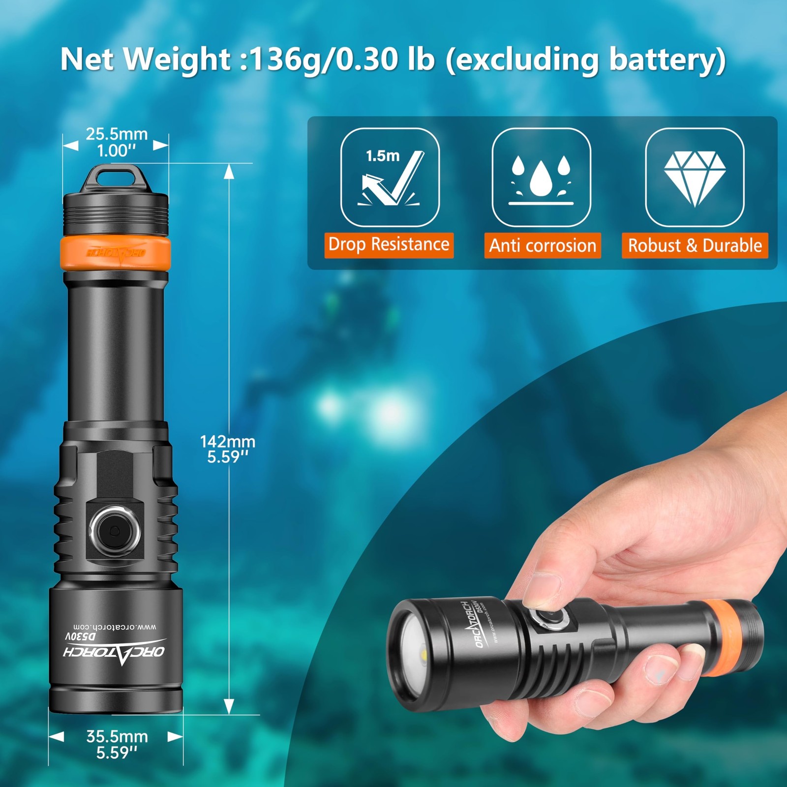 ORCATORCH D530V 1200 Lumen Scuba Diving Video Light 140 Degrees Super Wide Be…