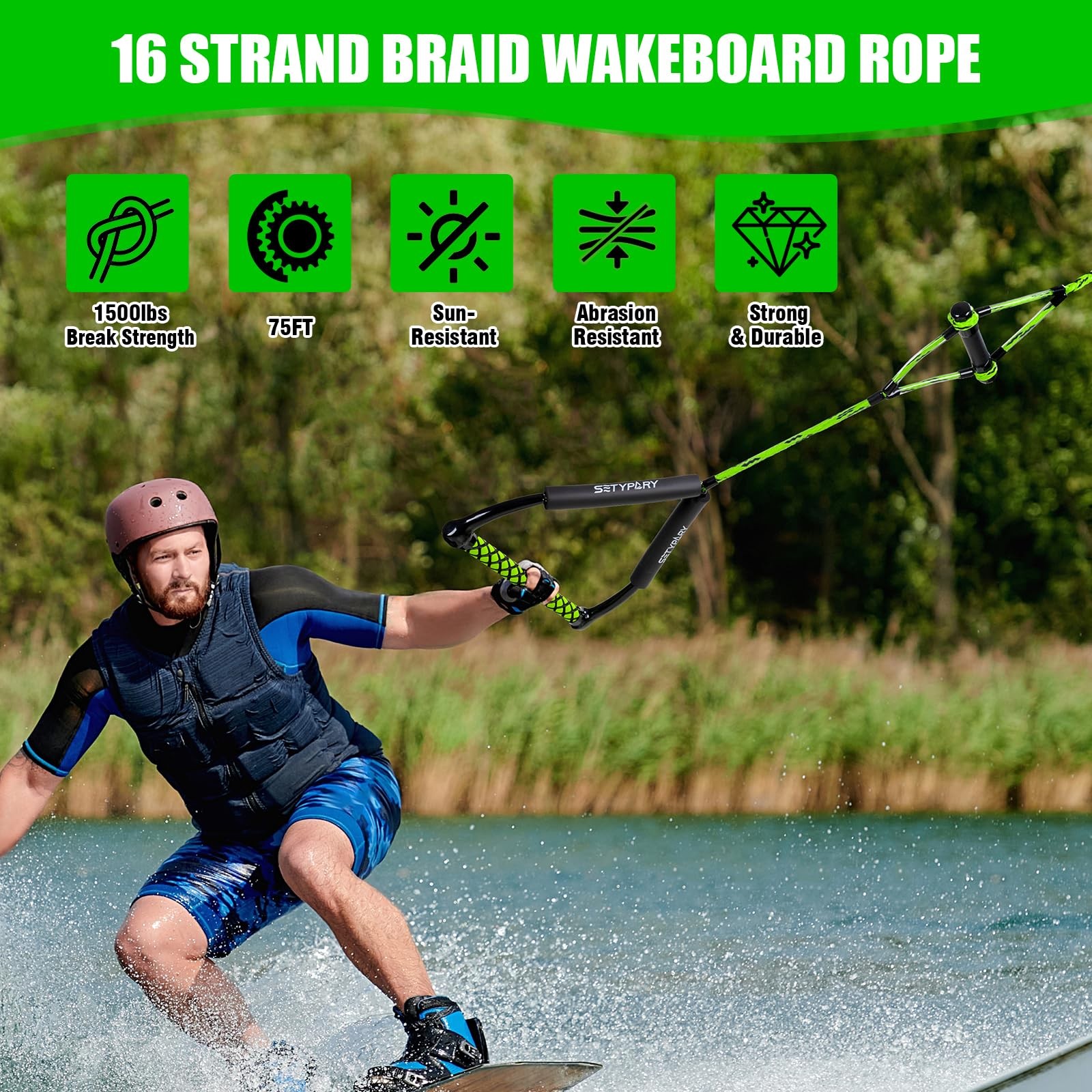 SETYPARY 75FT Wakeboard Rope and Handle, Floating Water 75ft, Green & Black