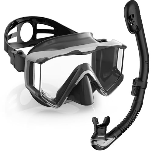 Snorkel Set Pano 3 Window Snorkel Mask Adult, Panoramic Wide Black Silver