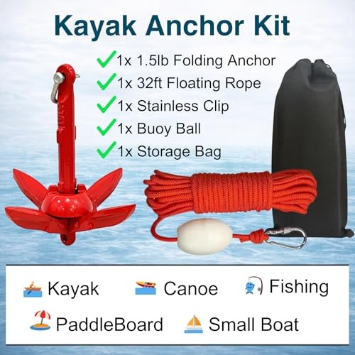 Kayak Anchor Kit 1.5/3.5lb Folding Small Boat Anchor for Paddle Board Red1.5lb