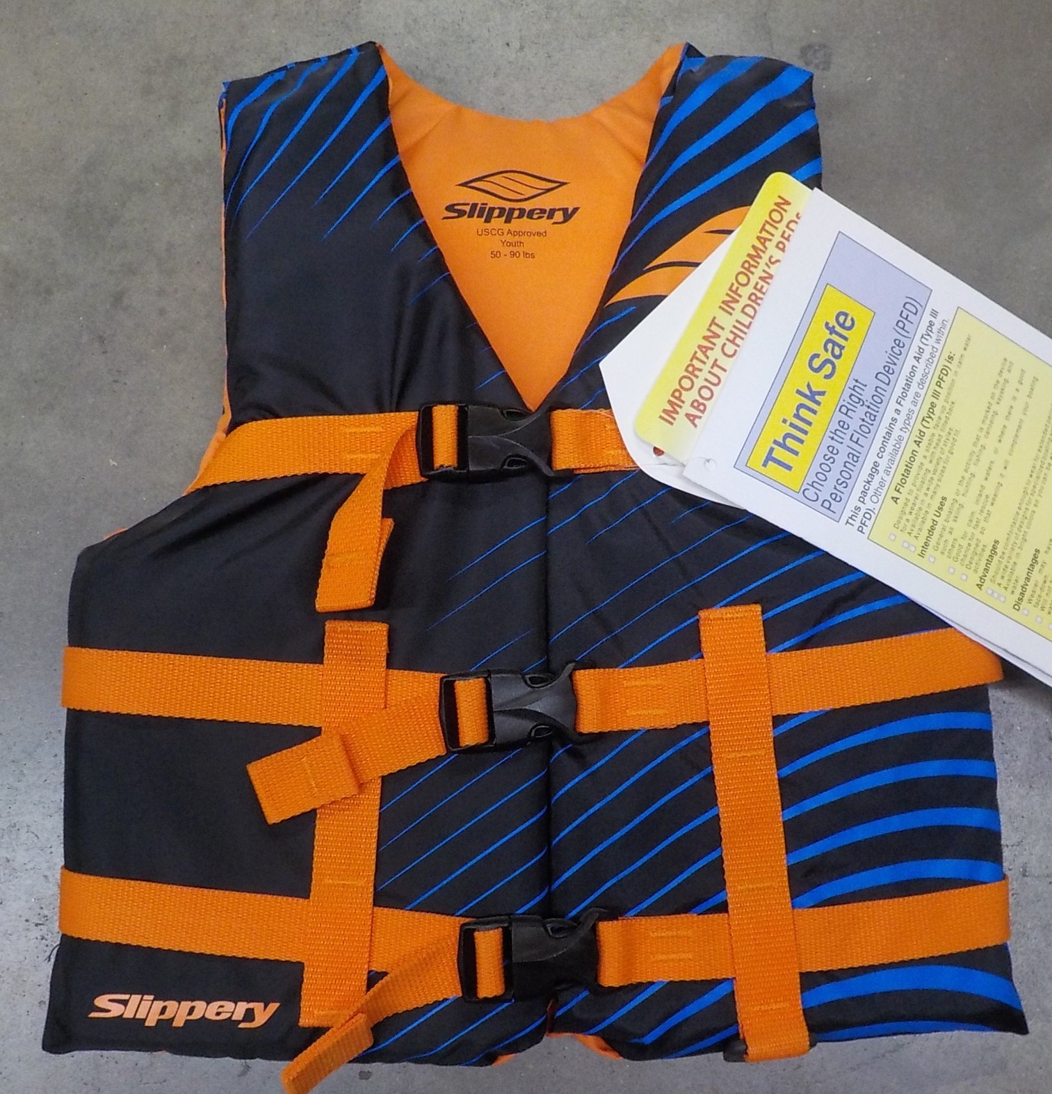 Slippery Life Vest PFD Personal Flotation Device Youth Blue/Orange 50-90lbs
