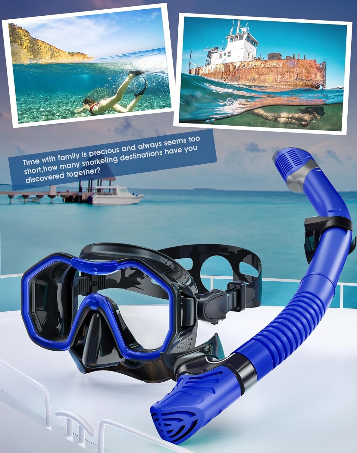 Snorkeling Gear for Adults Kids, Dry-Top Snorkel Set, 180°Panoramic Wide View Di