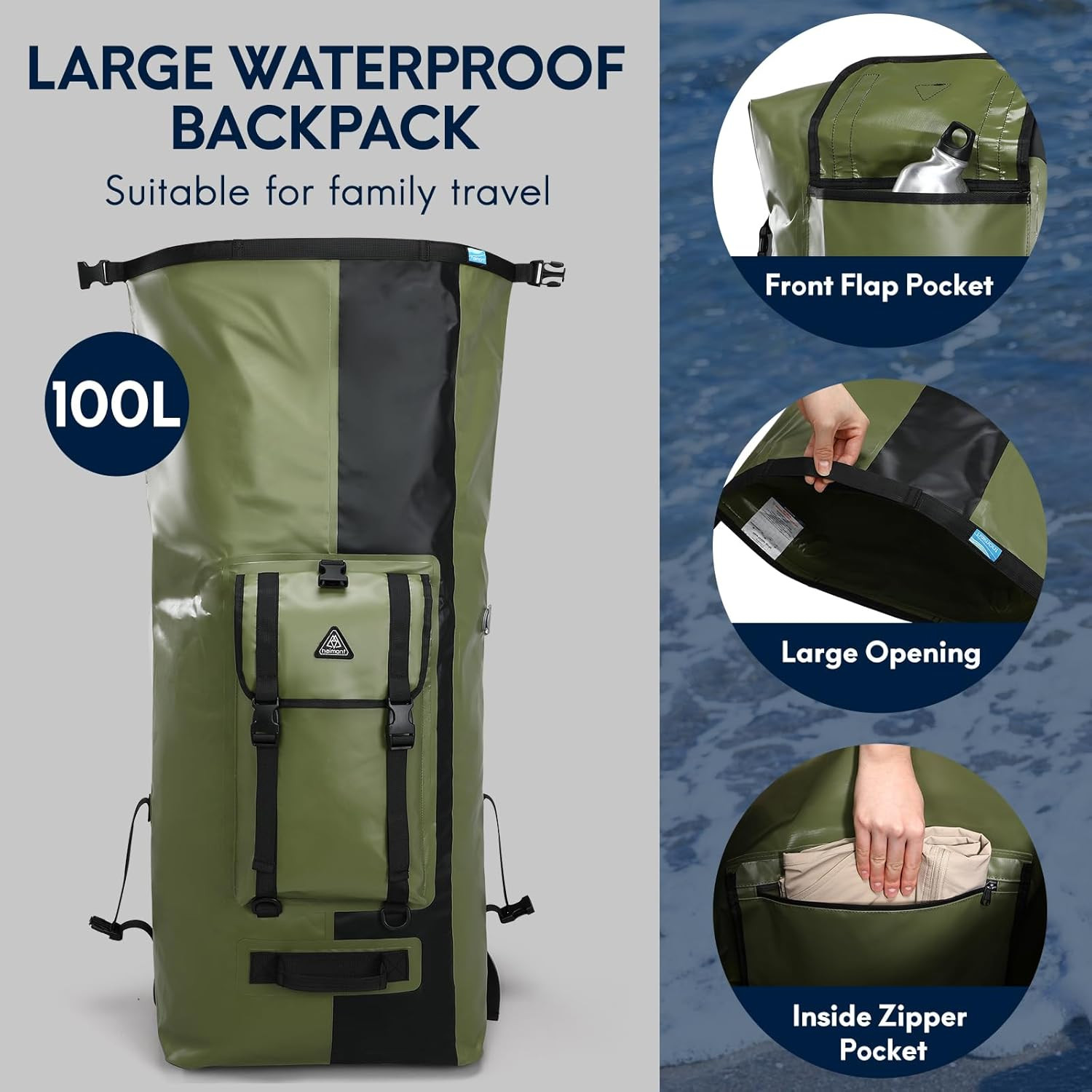 100L Waterproof Dry Backpack for Kayaking & Rafting – Army Green/Black