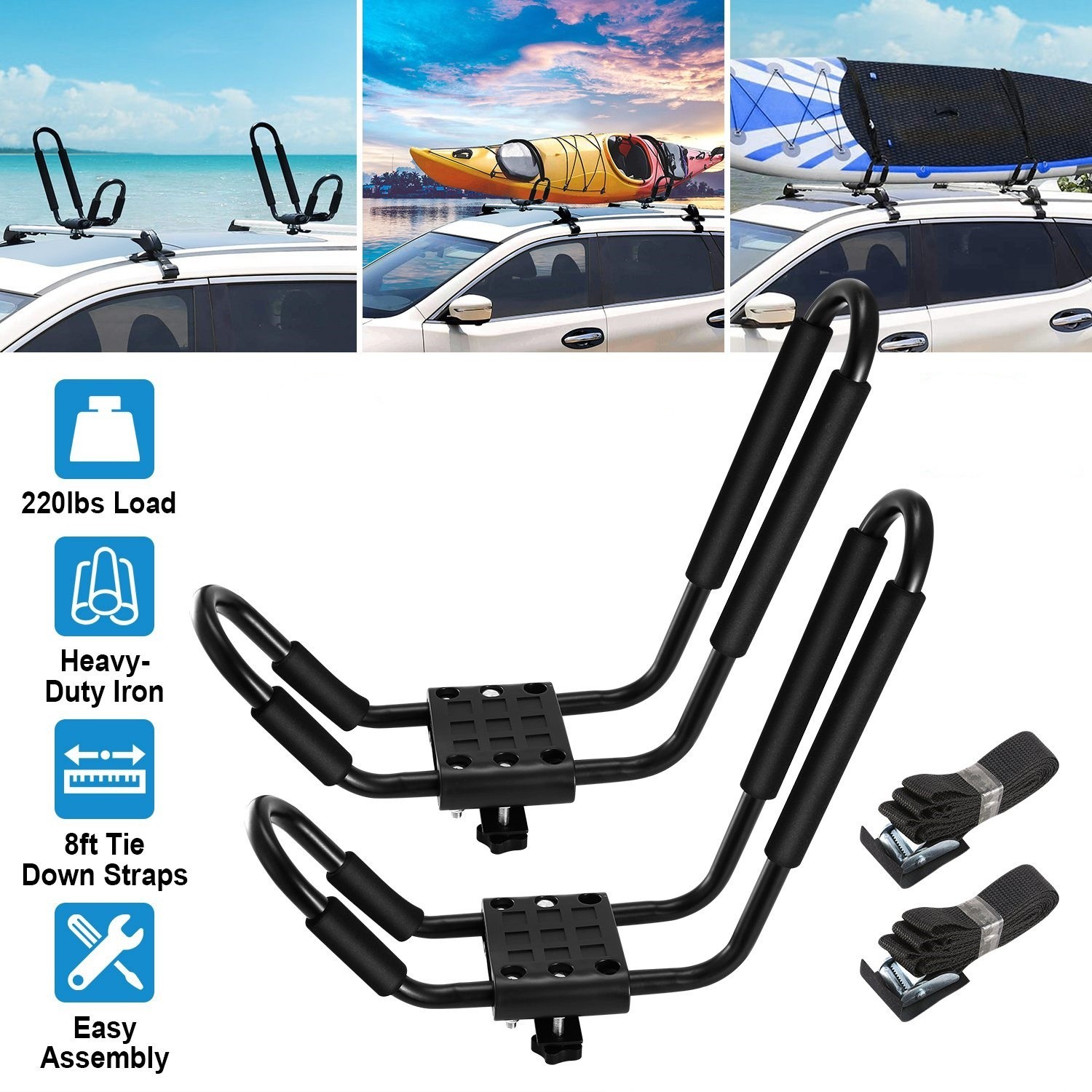 1Pair Universal Kayak Roof Rack Bar Rack Carrier Surf Ski Top Mount SUV Crossbar