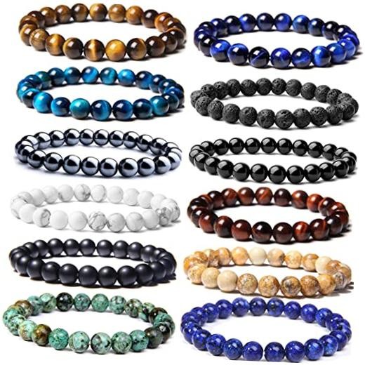 12PCS 8mm Semi-Precious Gemstones Beaded Bracelets for Men Women A: 12 PCS
