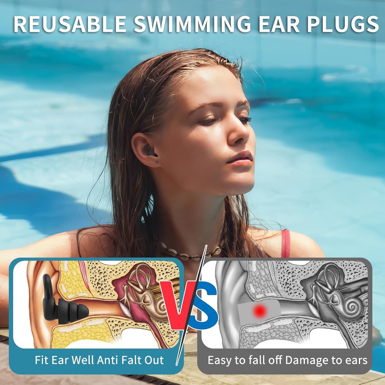 Swimming Ear Plugs for Adults, 4 Pairs Reusable Silicone Waterproof Colorful …