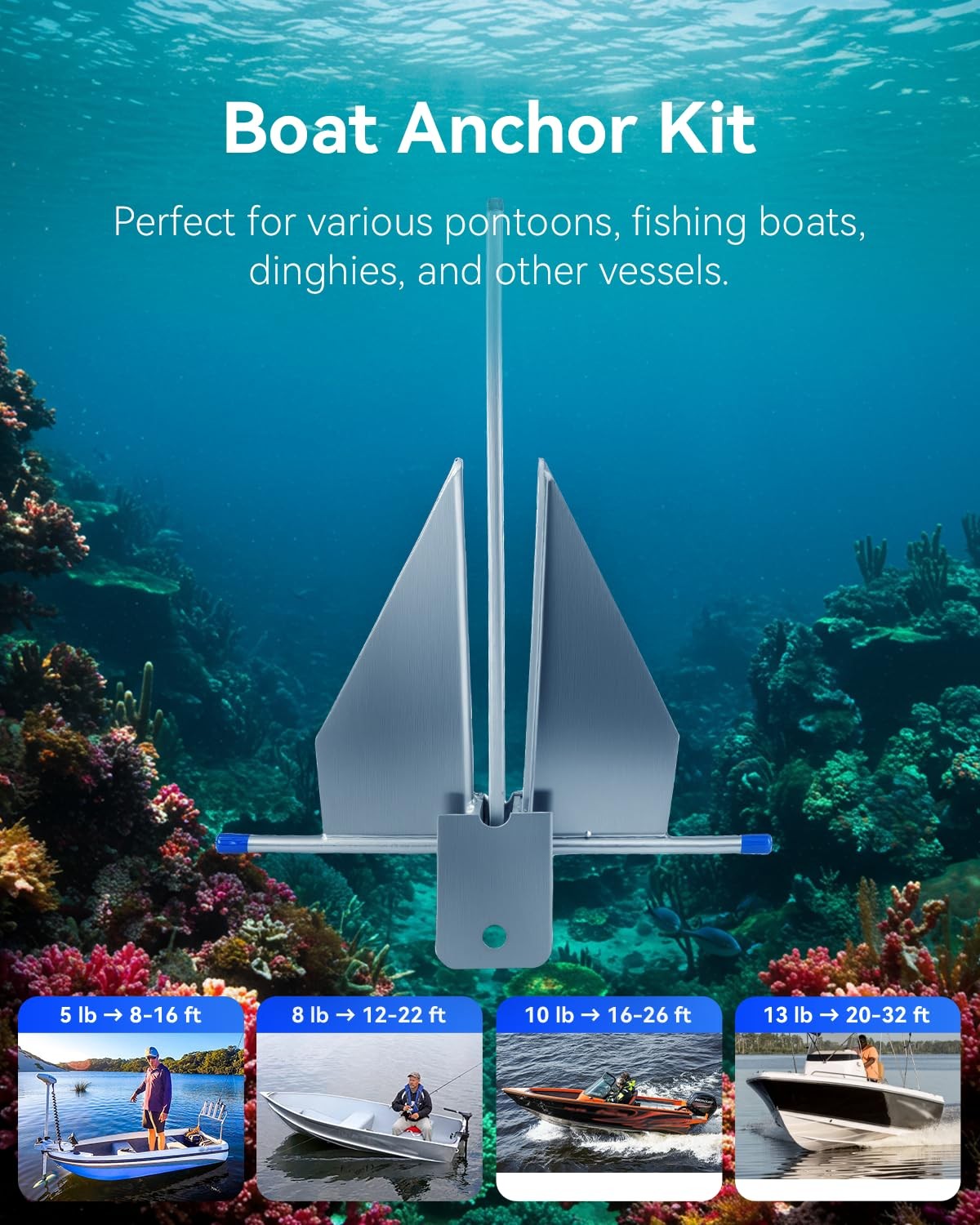 Boat Anchor Kit for 12-22 ft Boat, 8 lb Galvanized Boat Anchor