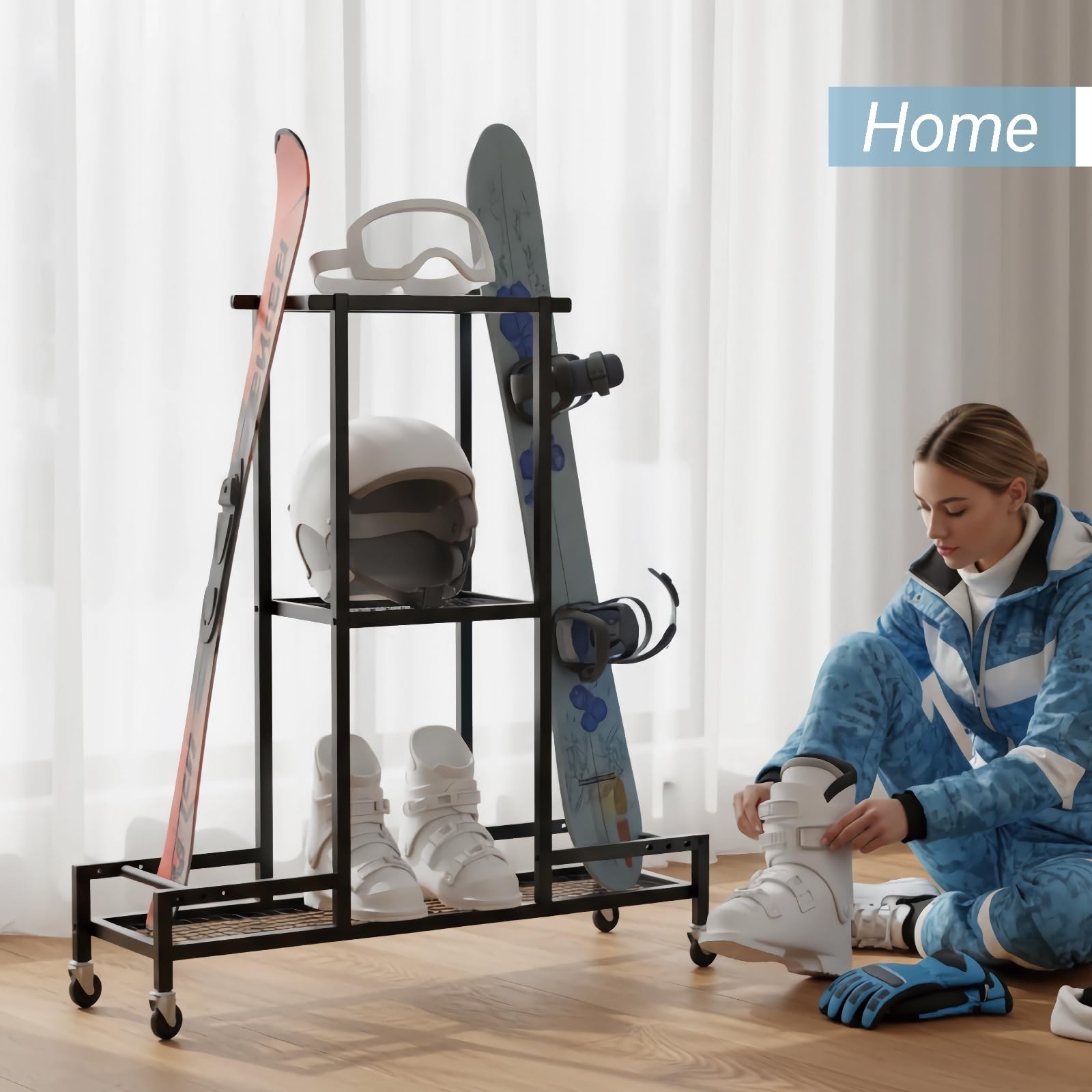Standing Ski Storage Rack, Holds Snowboards & Skis, 3-Tier Organizer for Gear…