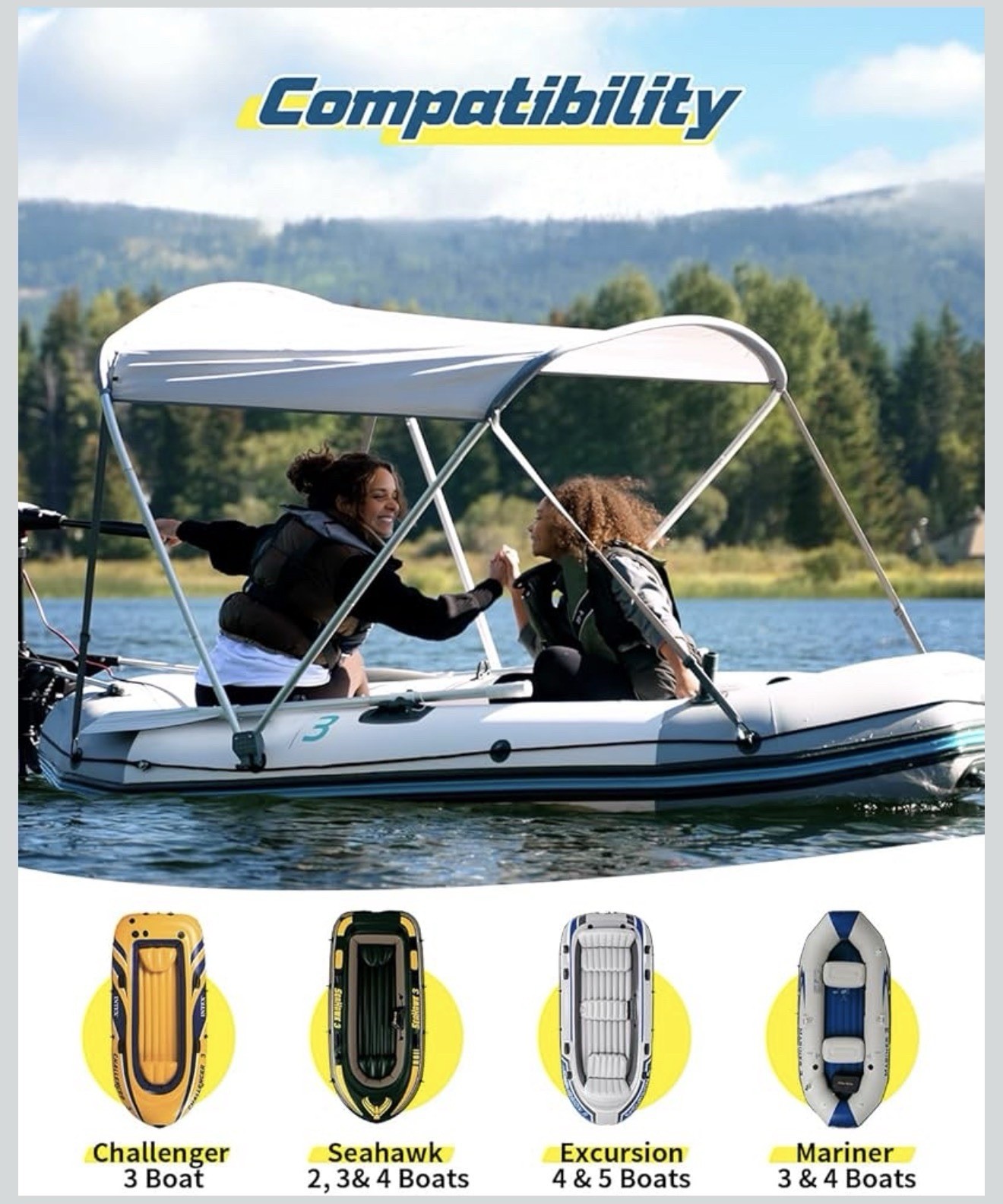 Intex Bimini Top Sun Shade Canopy Cover with Aluminum Frame for Mariner, Seahawk