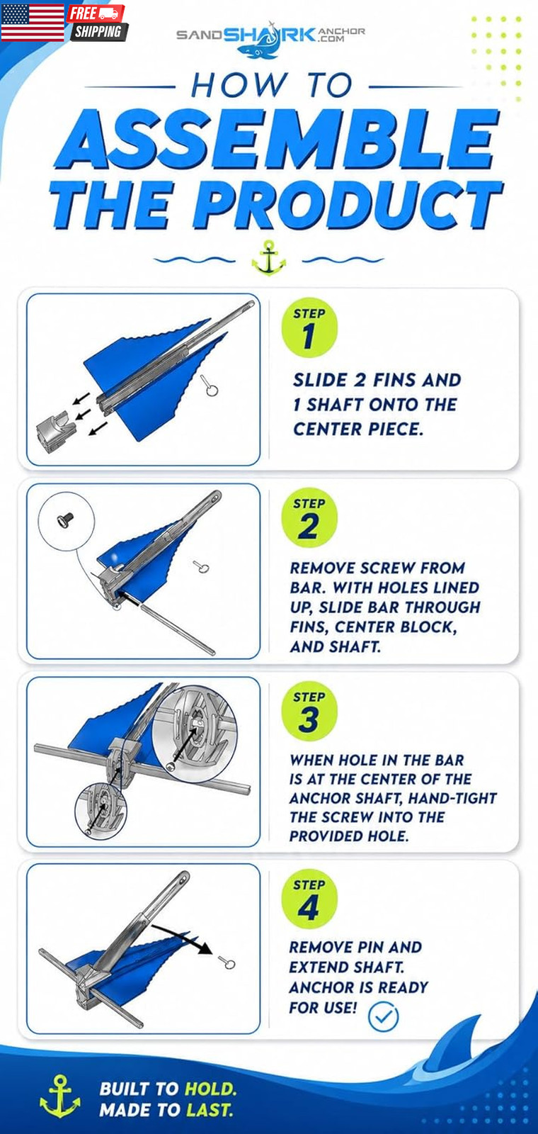 Sandshark Premium Fluke Anchor-Retractable Shaft Easy Storage-Aluminum Pontoon B