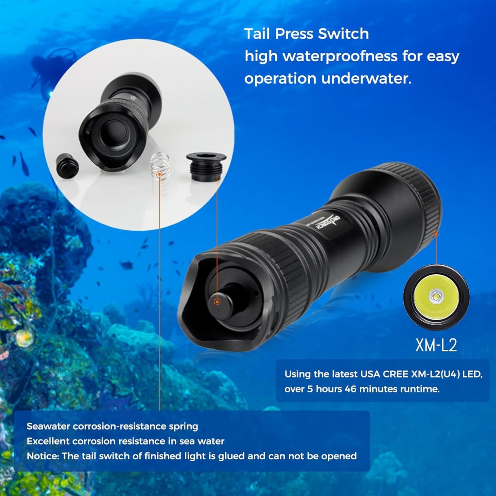 ORCATORCH D550 Dive Light 1000 Lumens Scuba Diving Flashlight 3 Modes IP68 Wa…