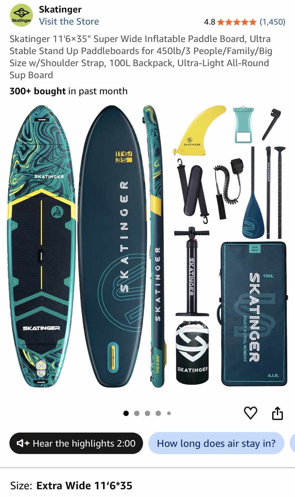 Skatinger Inflatable Stand Up Paddle Board SUP, 11 ft 6 in x 35 – GREEN
