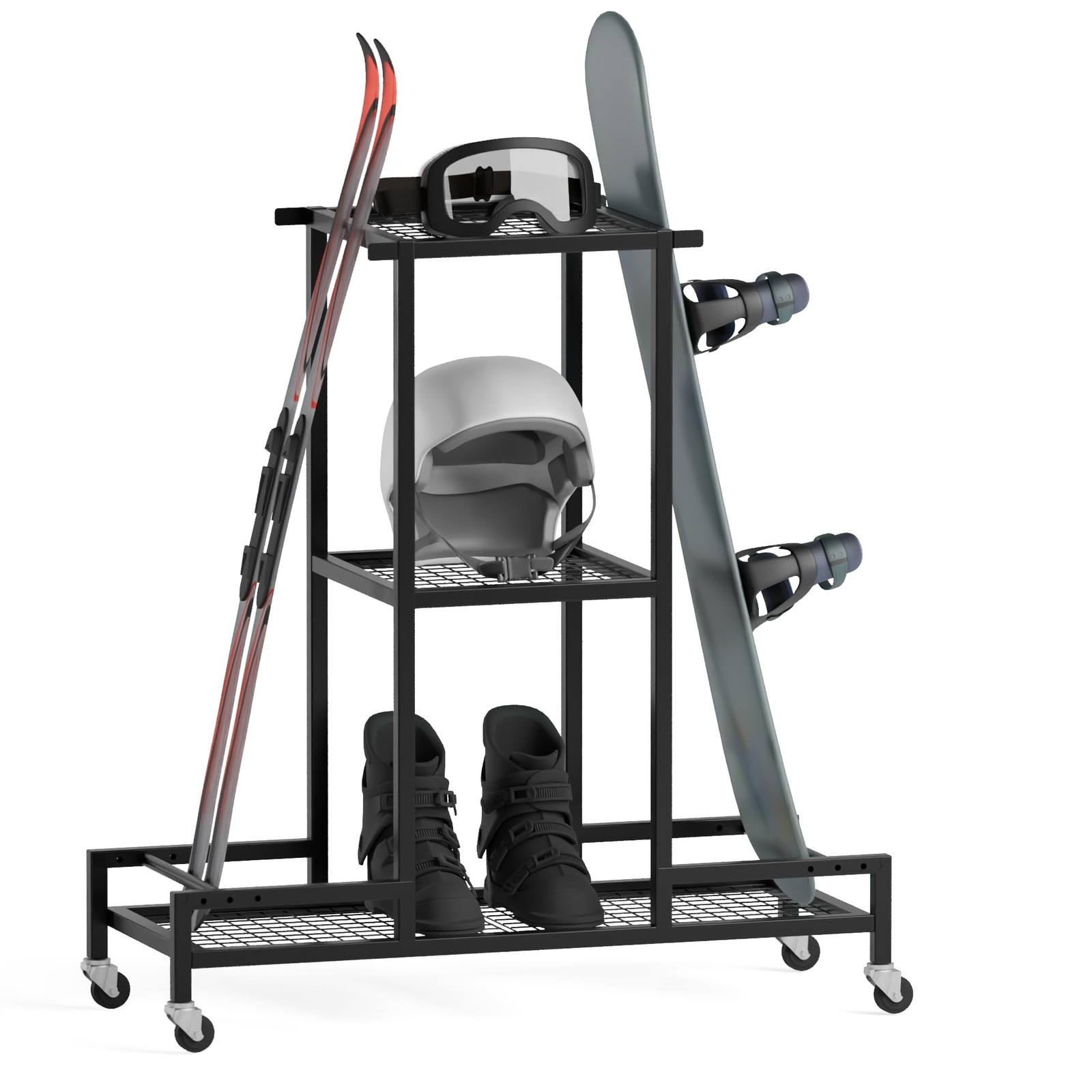 Standing Ski Storage Rack, Holds Snowboards & Skis, 3-Tier Organizer for Gear…