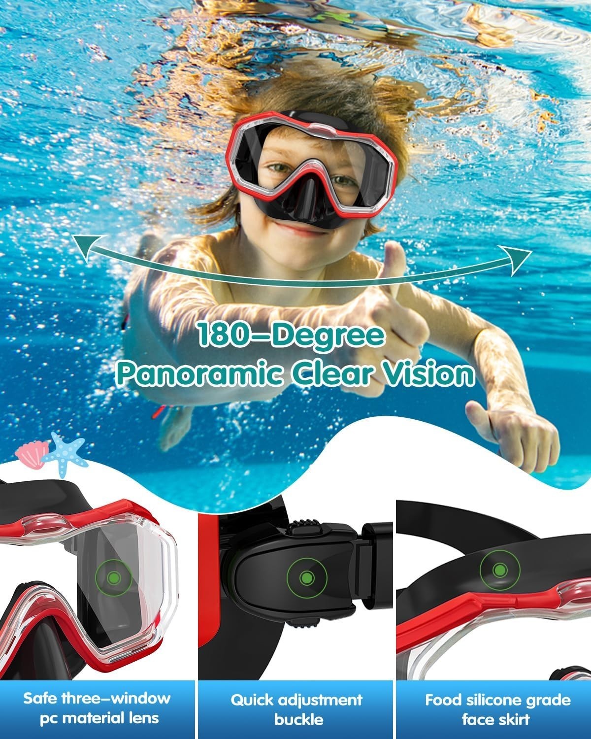“Swim Goggles with Nose Cover,Latest HD 3-Window Wide Adults 1 Pack Black Red “