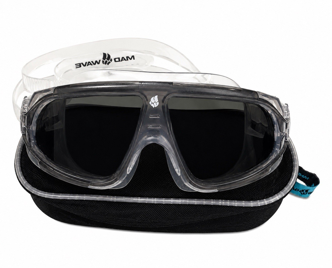 MADWAVE Swimming Goggles w/ Hard Case Clear Frame Green Lenses
