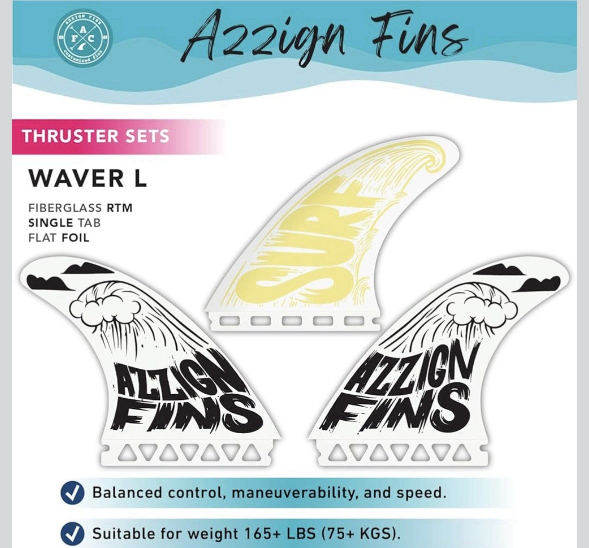 Azzign Waver L Single Tab Thruster Honeycomb Fiberglass Flat Foil Surfboard Fins