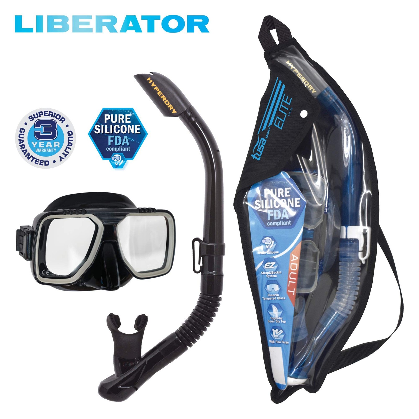 TUSA Sport Adult Liberator Mask and Snorkel Black/Black (w/reusable bag)