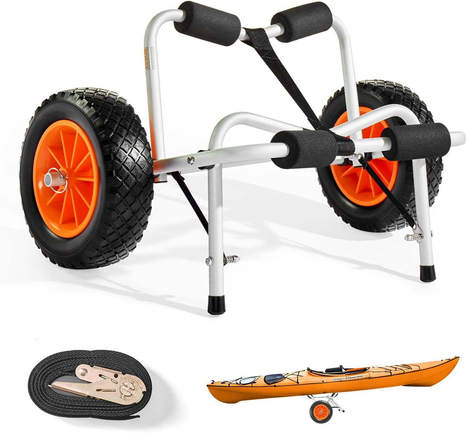 250 Lbs Kayak Cart, Foldable Kayak Trolley with 10-Inch Solid Rubber Tires & 1 R