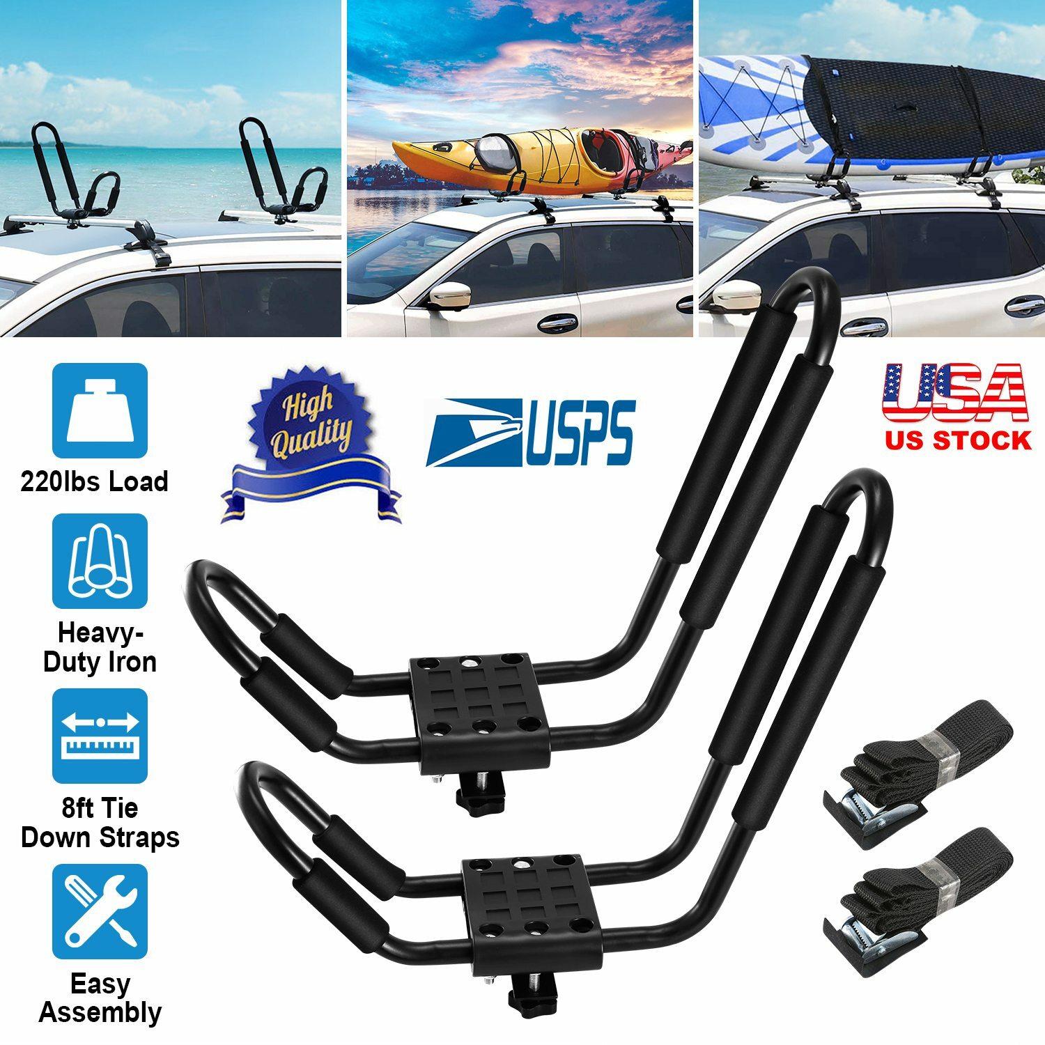 J-Bar Rack HD Kayak Carrier Canoe Boat Surf Ski Roof Top Mount Car SUV Crossbar