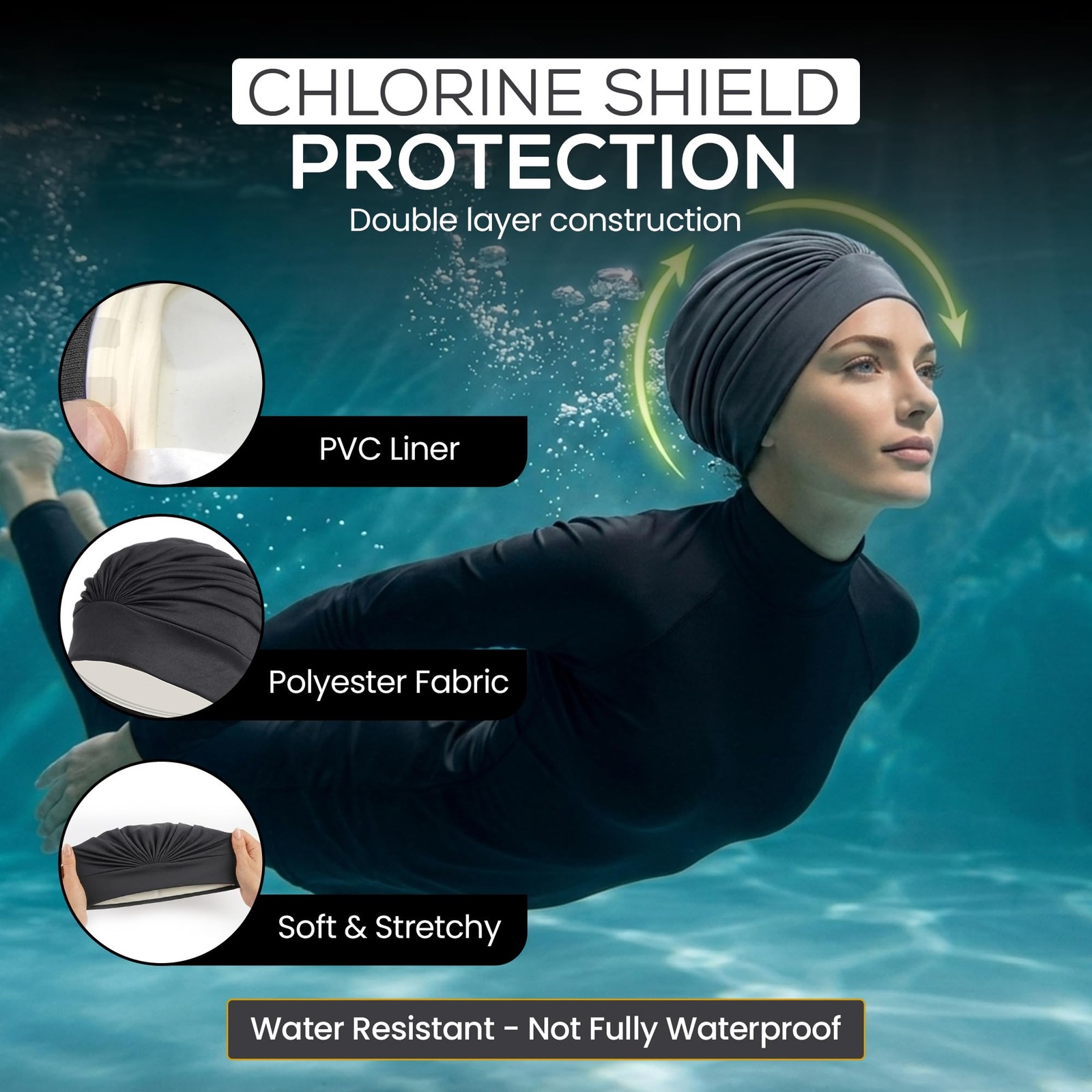 Beemo Swim Caps For Women Swimming Turban Polyester Latex Lined Pleated For