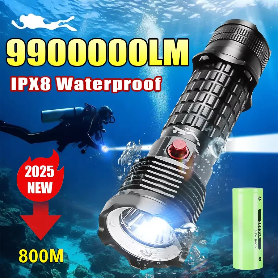 Diving Flashlight Underwater Torch Waterproof Dive Light for Night Fishing Scuba